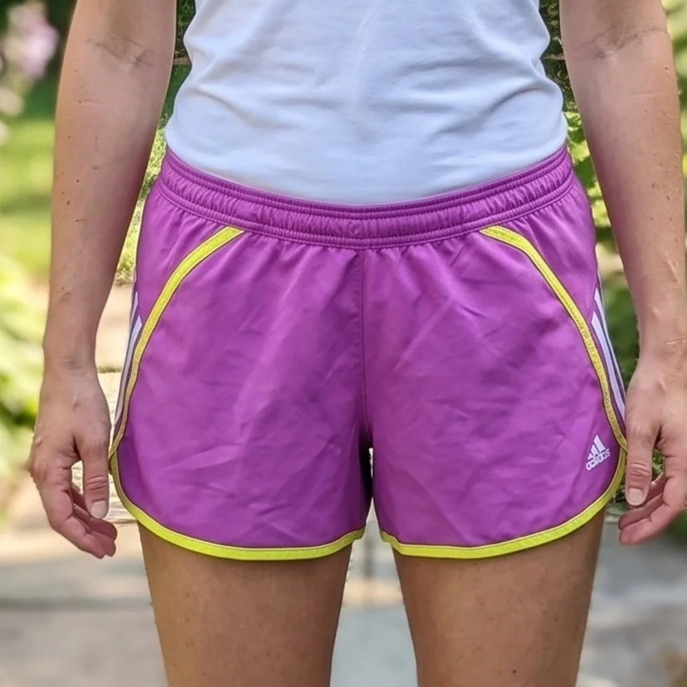 Adidas Womens Purple Neon Yellow Mesh Running Athletic Shorts 3 Stripe XL